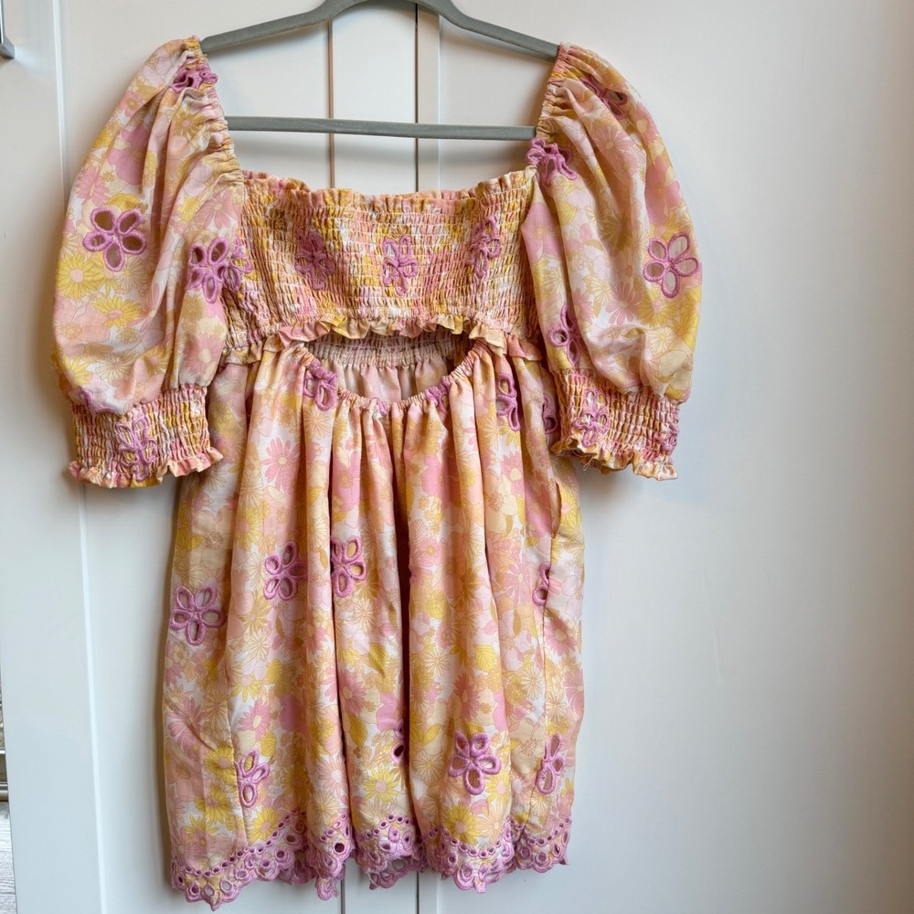 Floral Babydoll Dress Size M Cottagecore Puff Sleeve Smocked‎ Graduation Dress - Picture 8 of 11